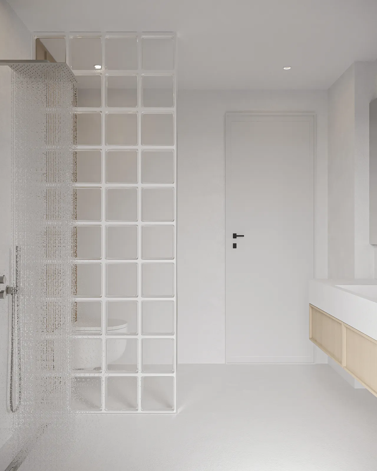 Randare interior, baie albă cu perete din cărămidă de sticlă