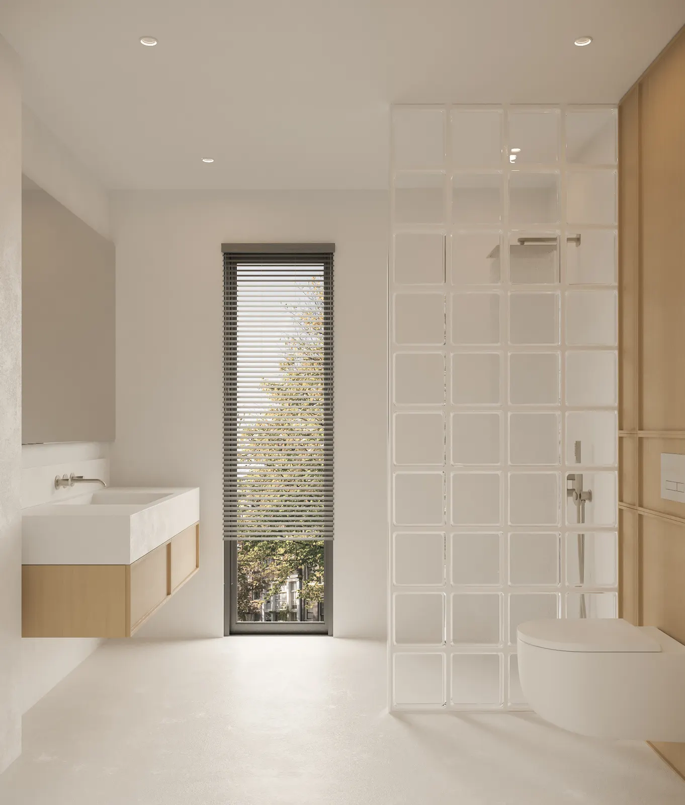 Randare interior, baie cu perete din cărămidă de sticlă