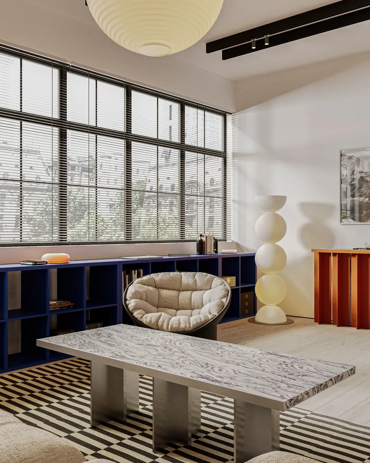 Randare interior, loc de masă cu masă din piatră și lampă sculpturală