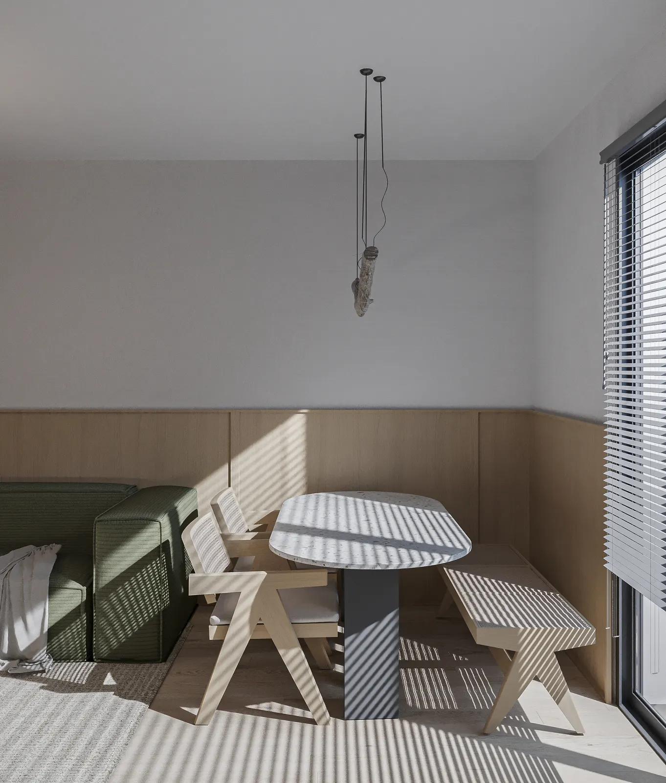 Randare interior, loc de masă cu bancă verde la fereastră