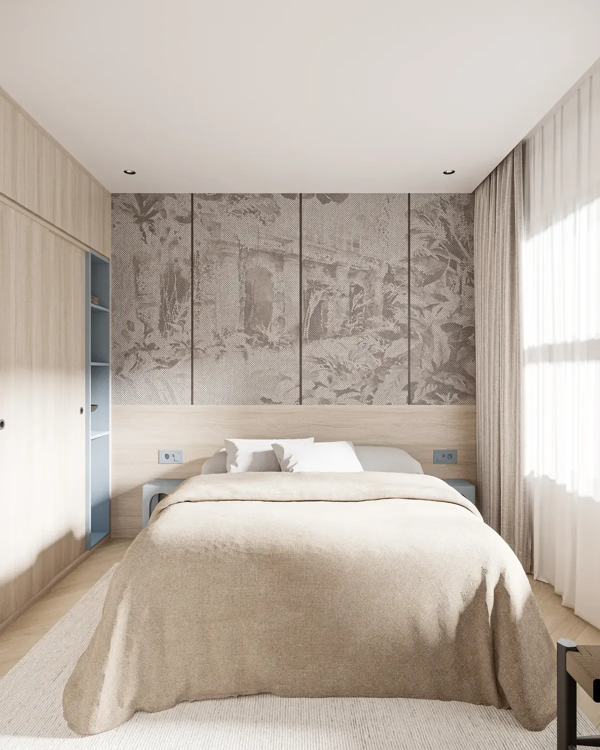 Randare interior, dormitor bej cu tapet texturat
