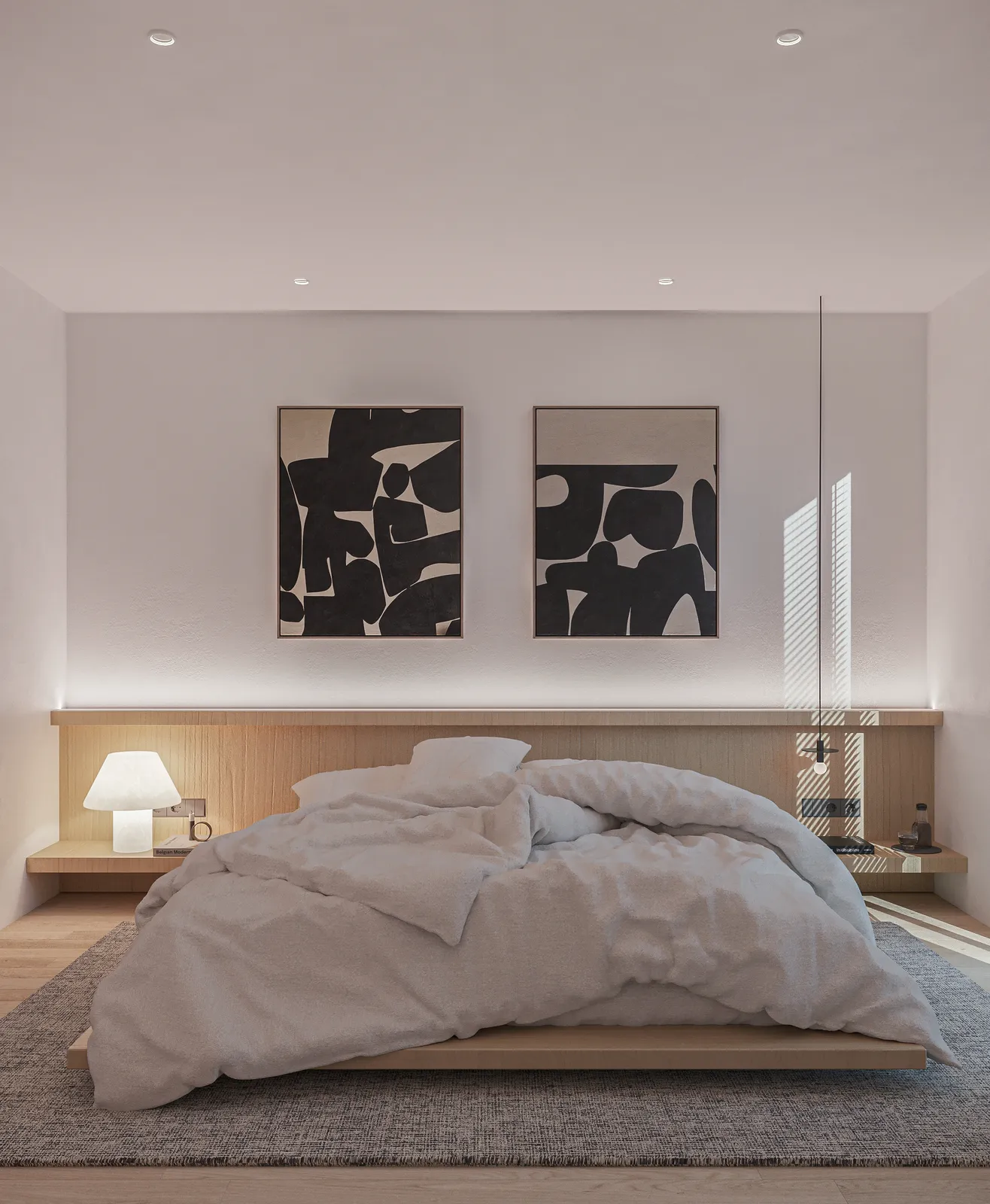 Randare interior, dormitor cu pat pe platformă și artă abstractă