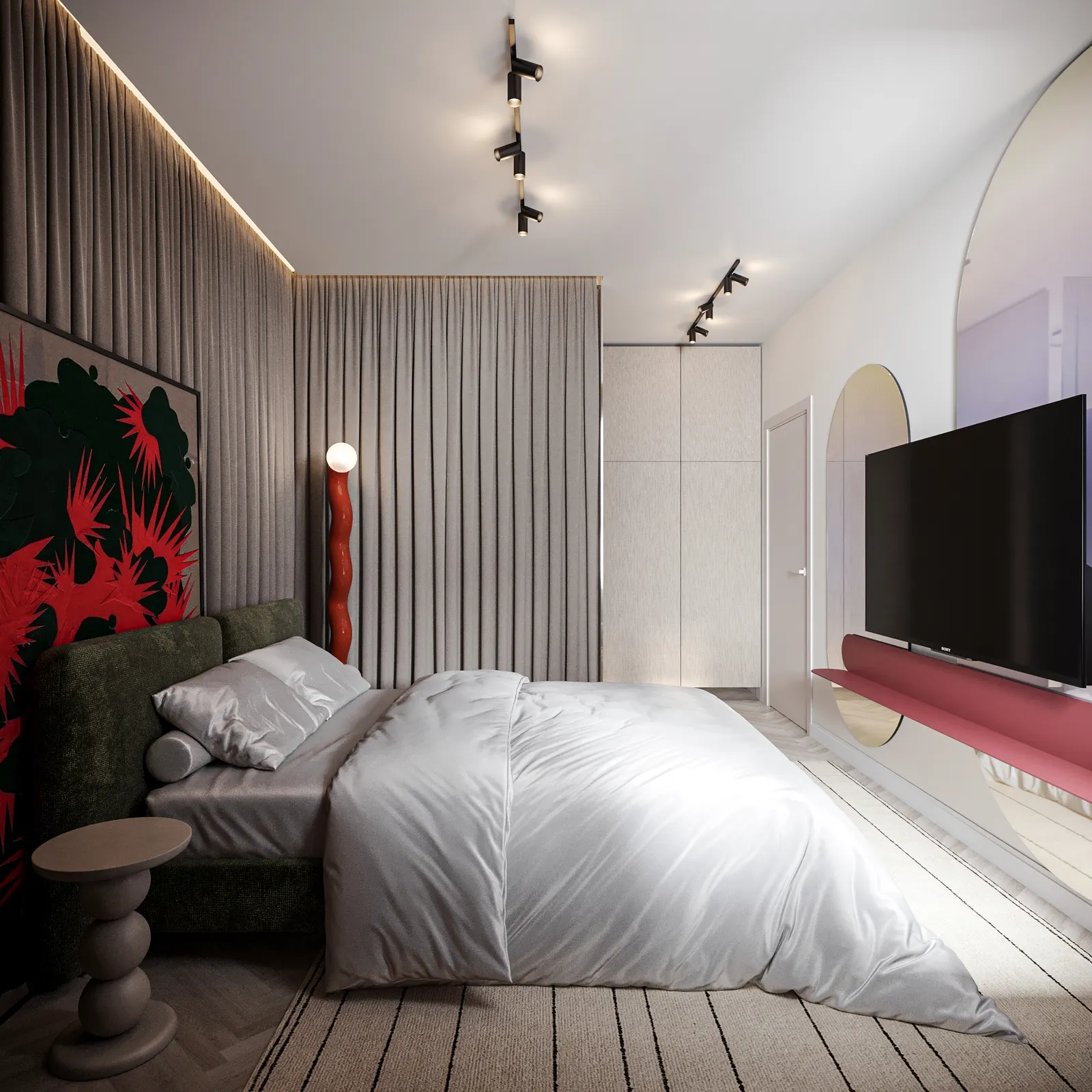 Randare interior, dormitor cu artă roșie și TV