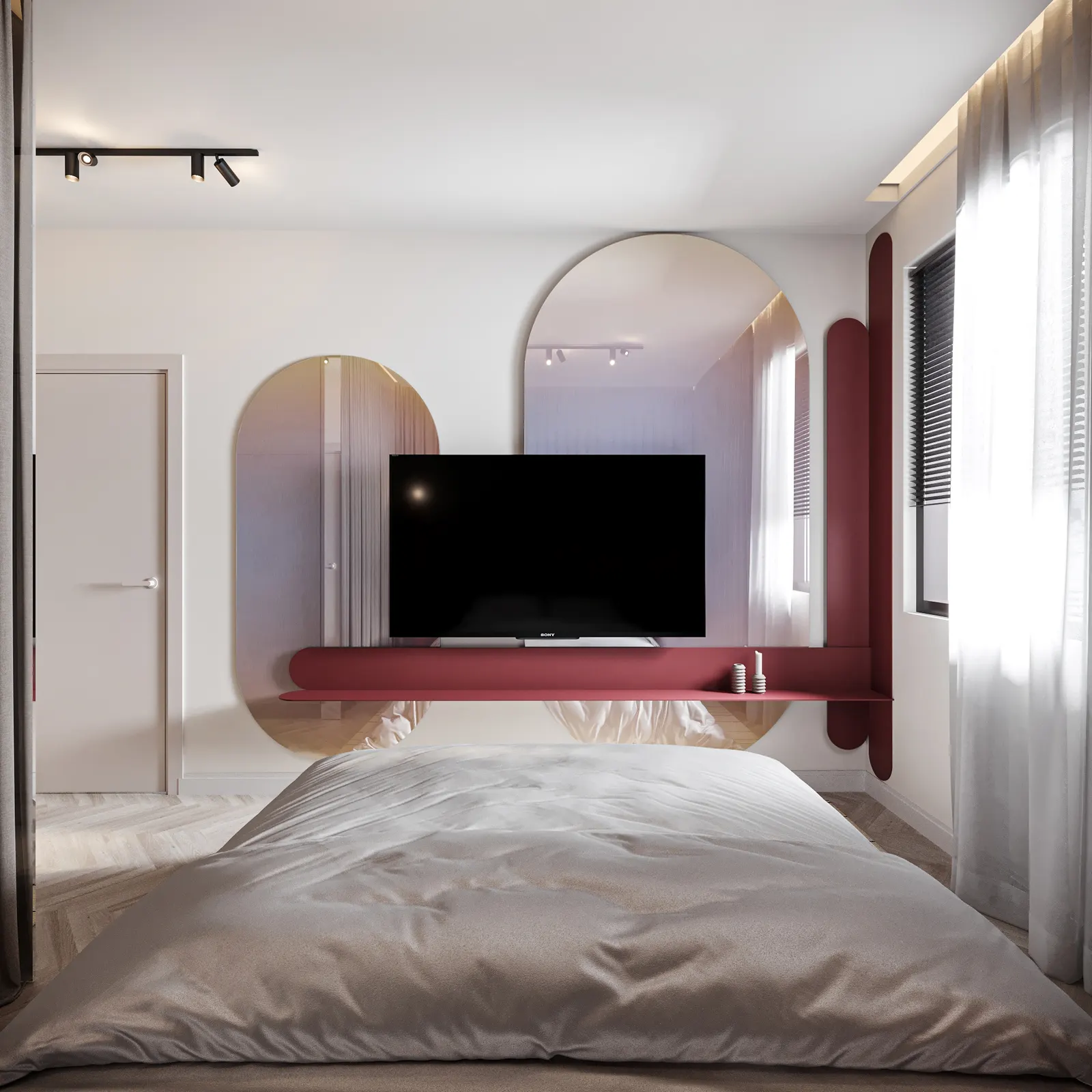 Randare interior, dormitor cu oglindă arcuită și TV
