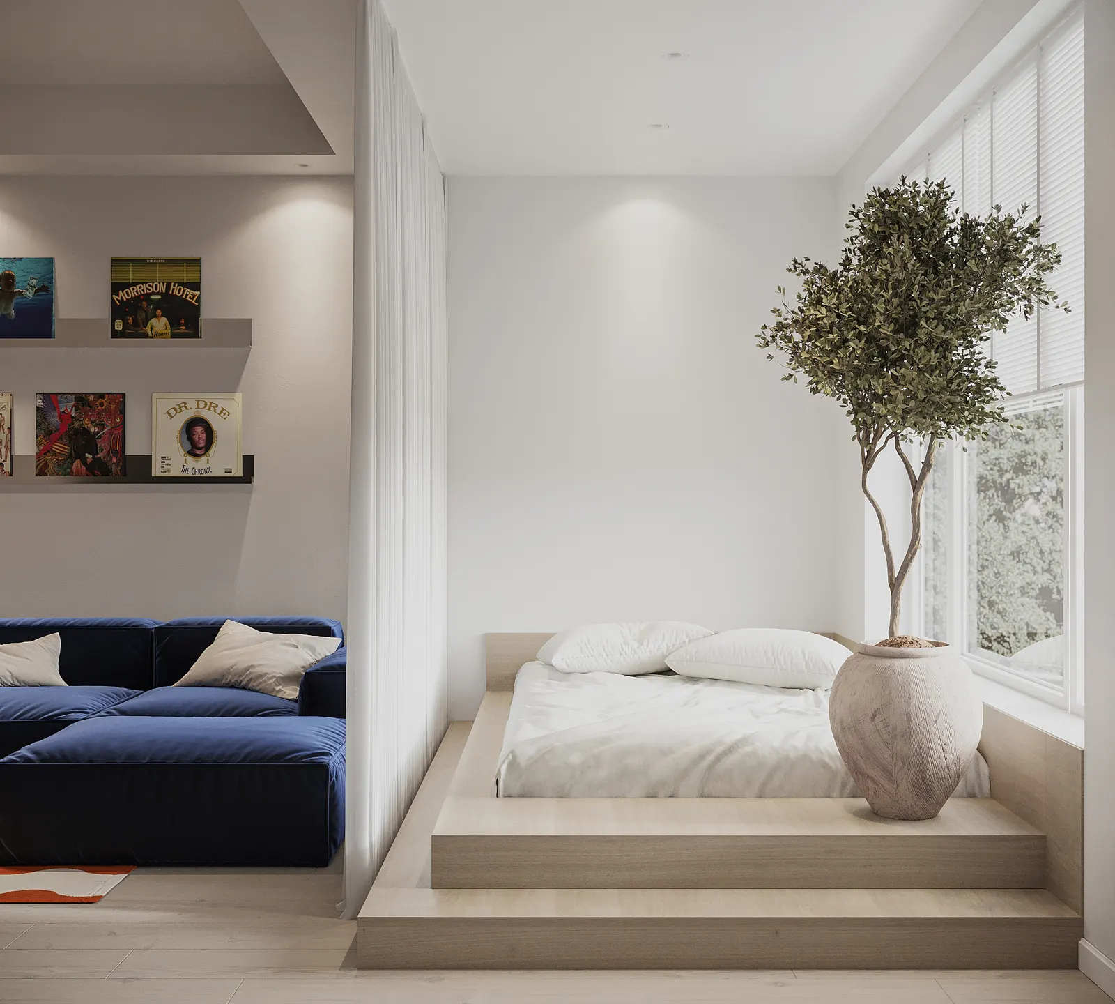 Randare interior, dormitor pe platformă lângă living
