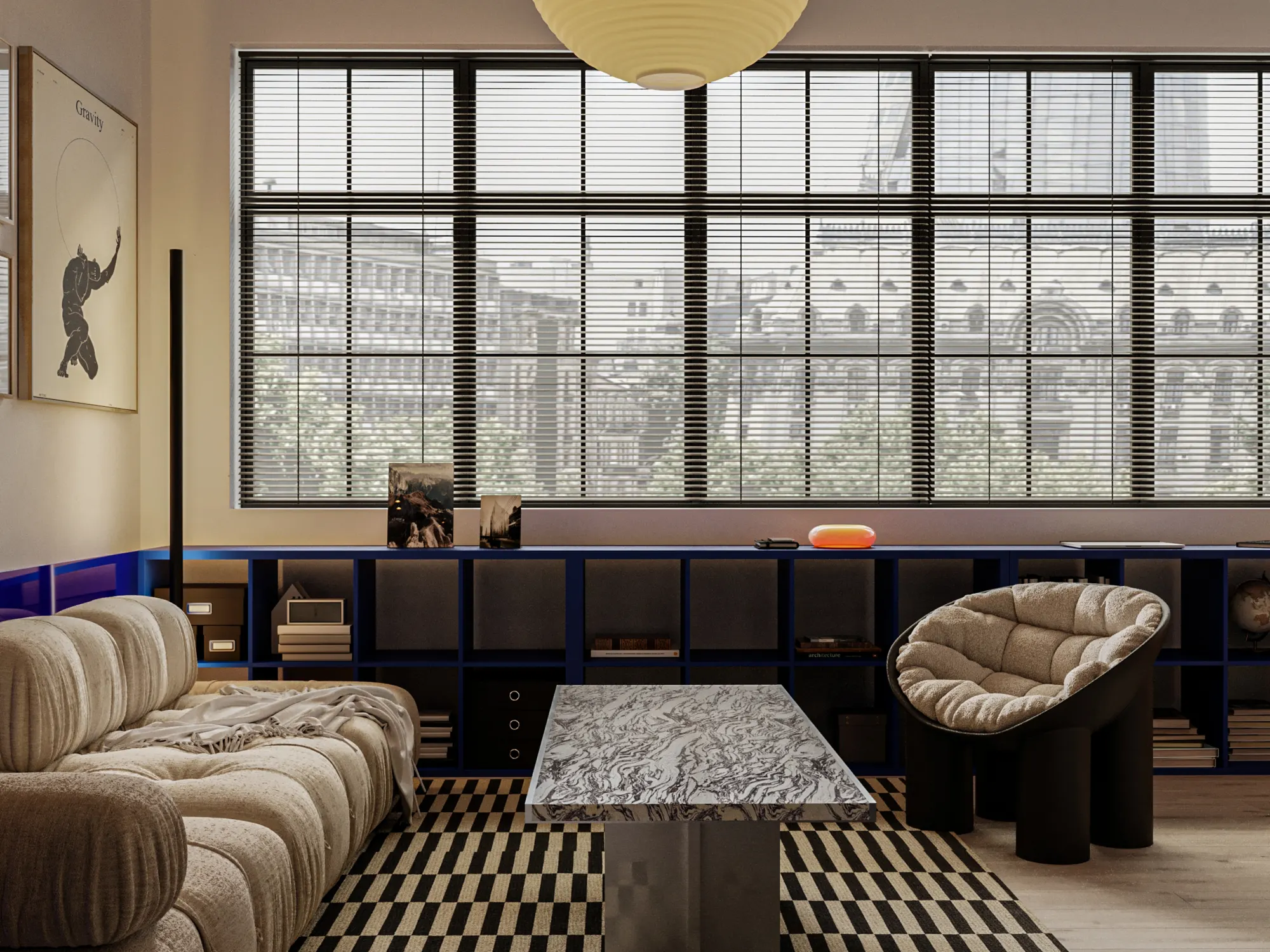 Loft cu ferestre industriale, canapea texturată și covor grafic, design Mantra Studio