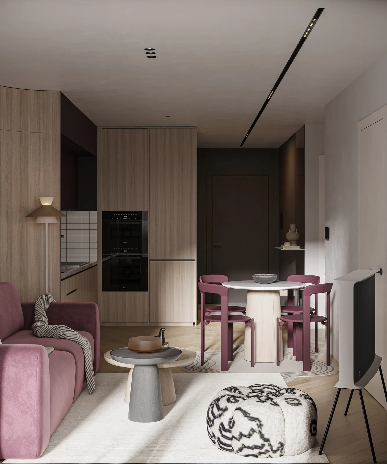 Randare interior, bucătărie deschisă cu canapea roz și mobilier prună