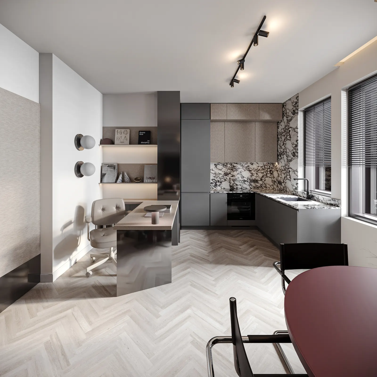 Randare interior, bucătărie cu parchet herringbone