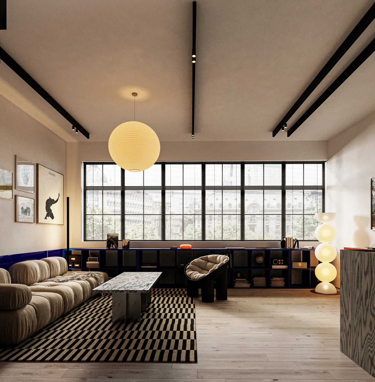 Randare interior, loft cu ferestre industriale și canapea texturată