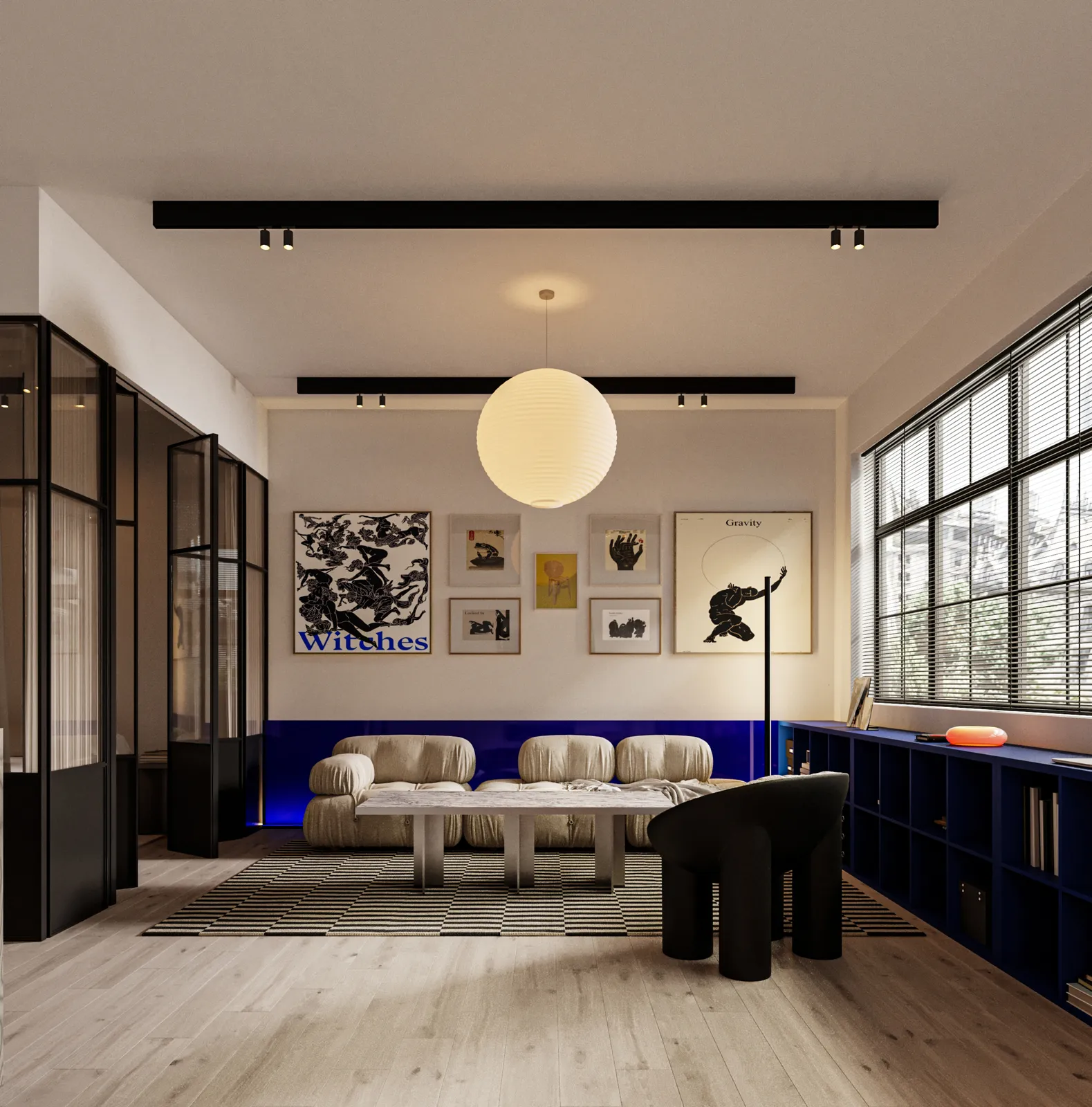 Loft cu perete de afișe și lumină din ferestre înalte