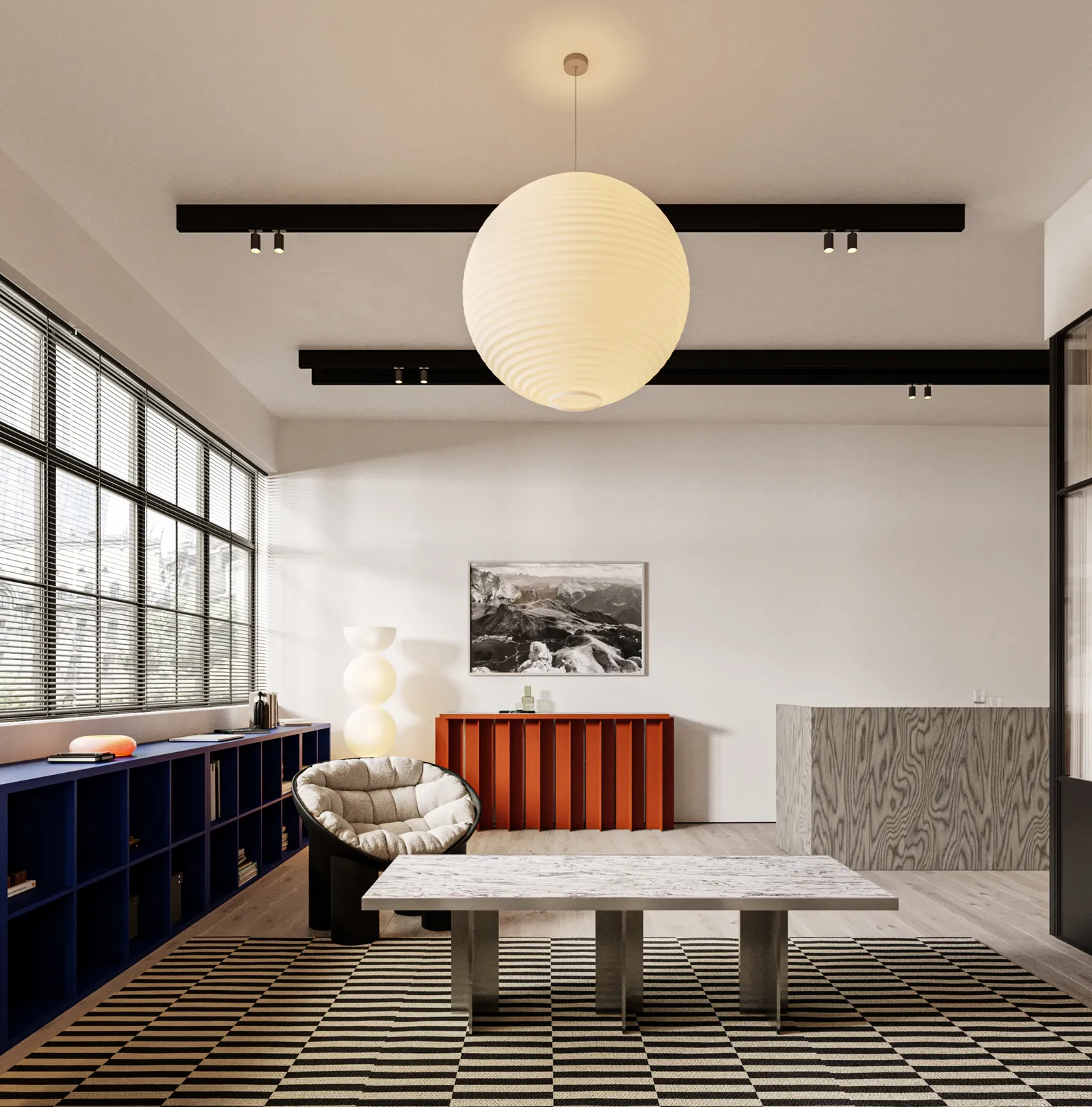 Randare interior, living cu consolă portocalie și masă din piatră