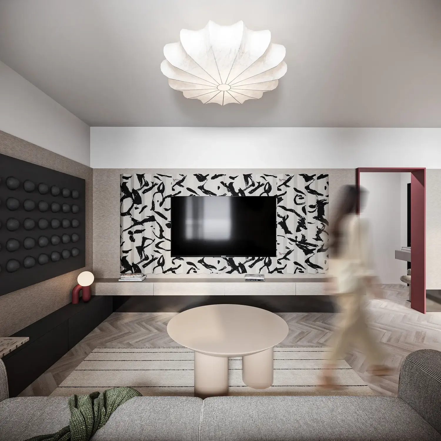 Randare interior, living cu perete TV grafic și siluetă în mișcare