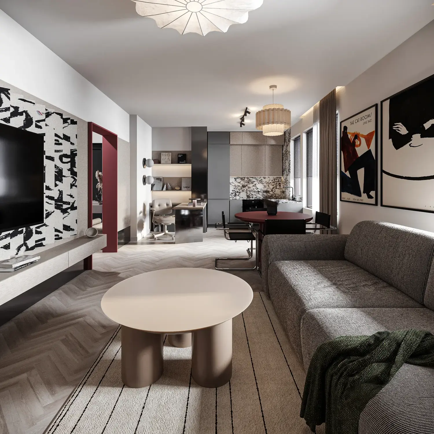 Randare interior, living în lungime cu canapea gri și accente burgund