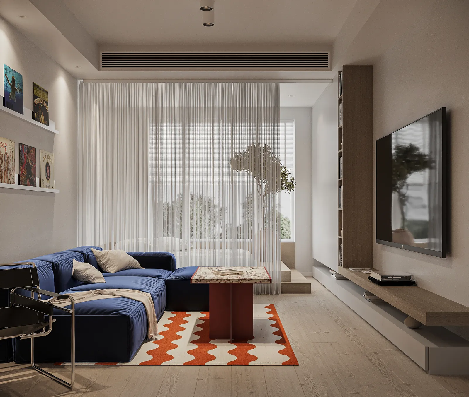 Randare interior, living cu canapea albastră, covor teracotă și măslin