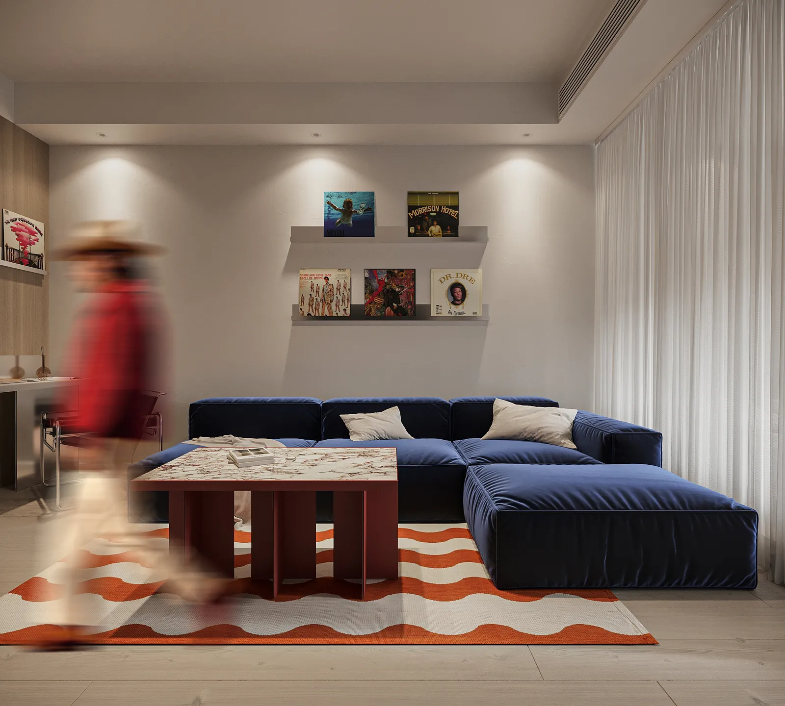 Randare interior, living cu canapea albastră și siluetă în mișcare