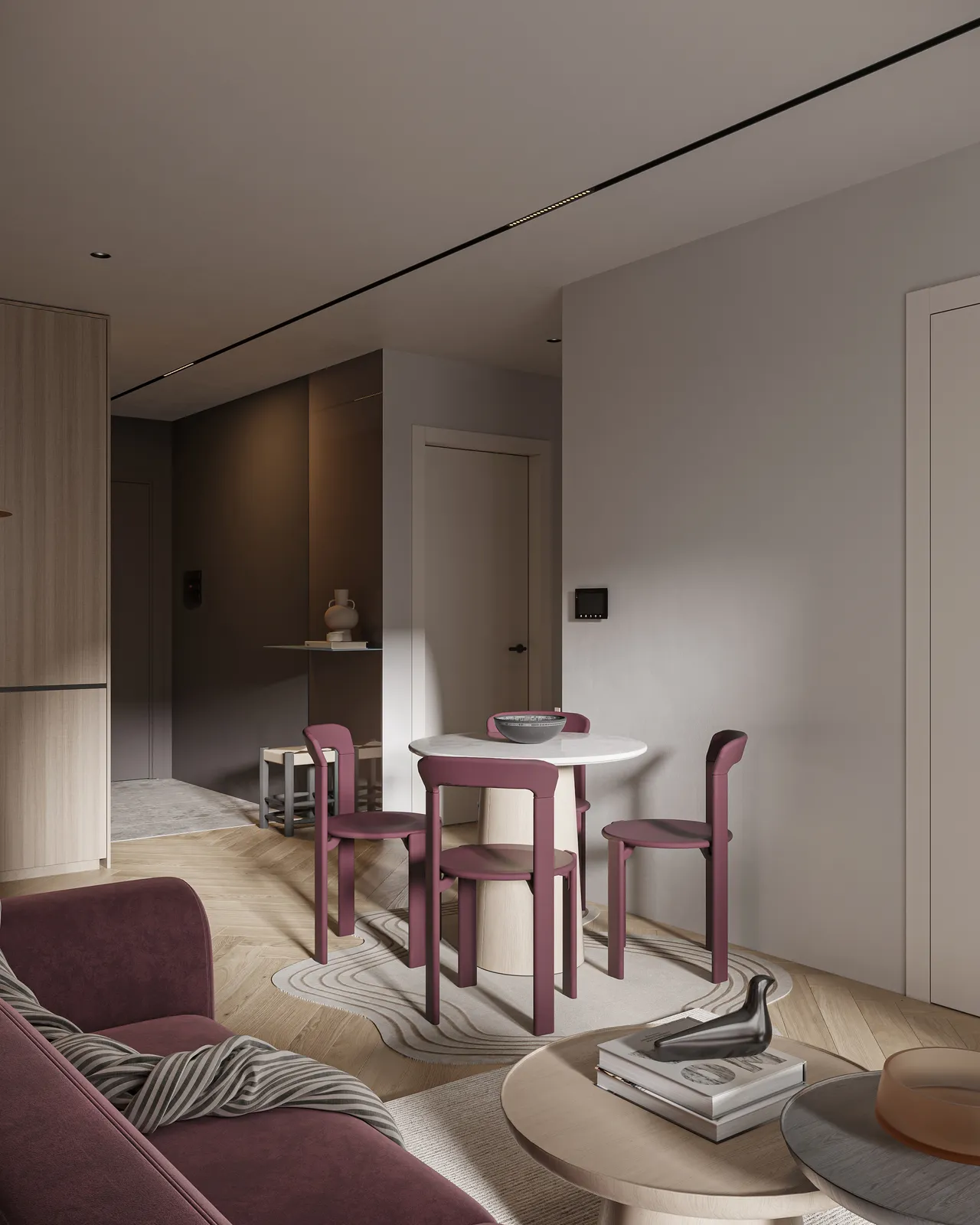 Randare interior, living cu canapea prună și loc de masă