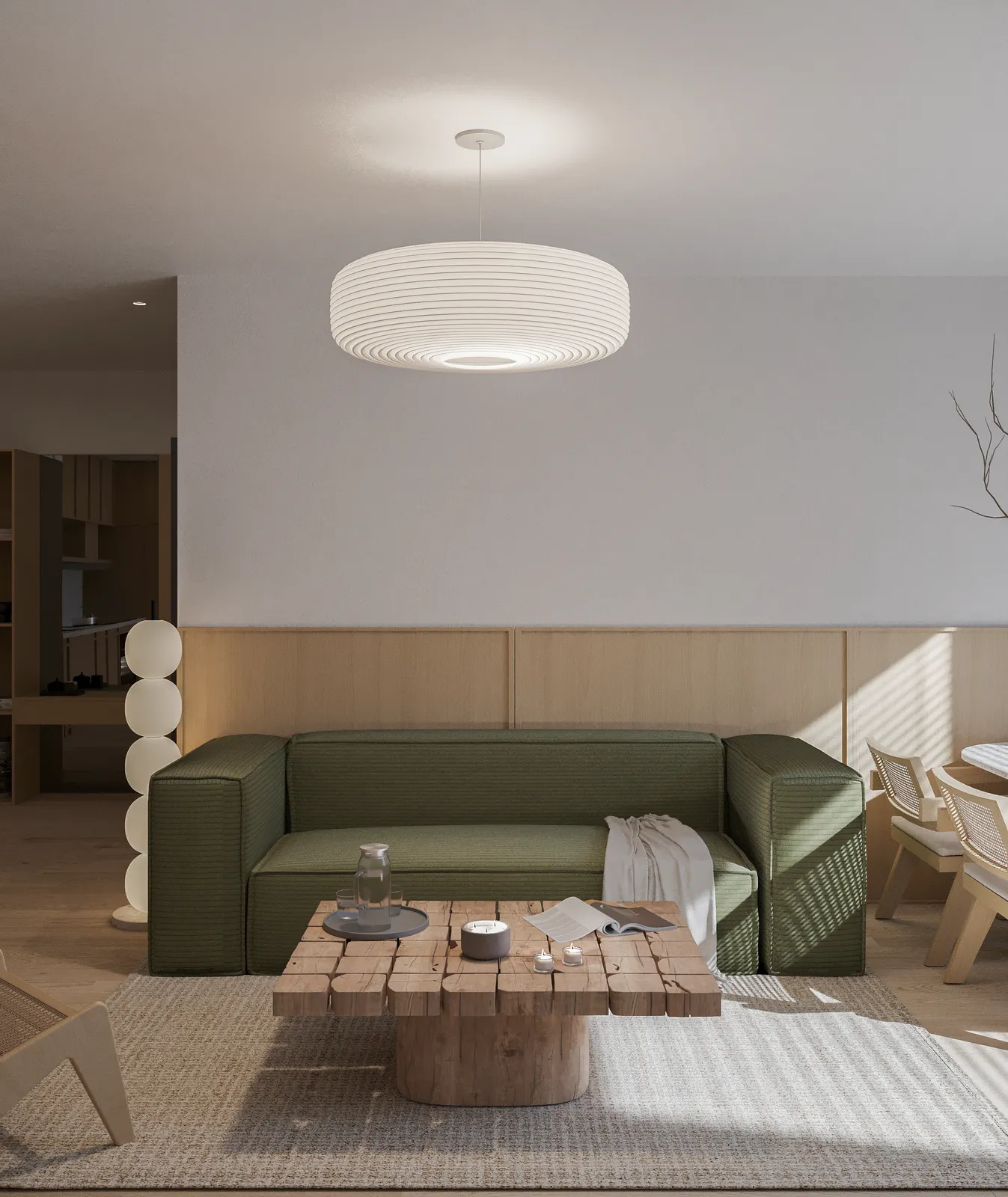 Living cu canapea verde salvie