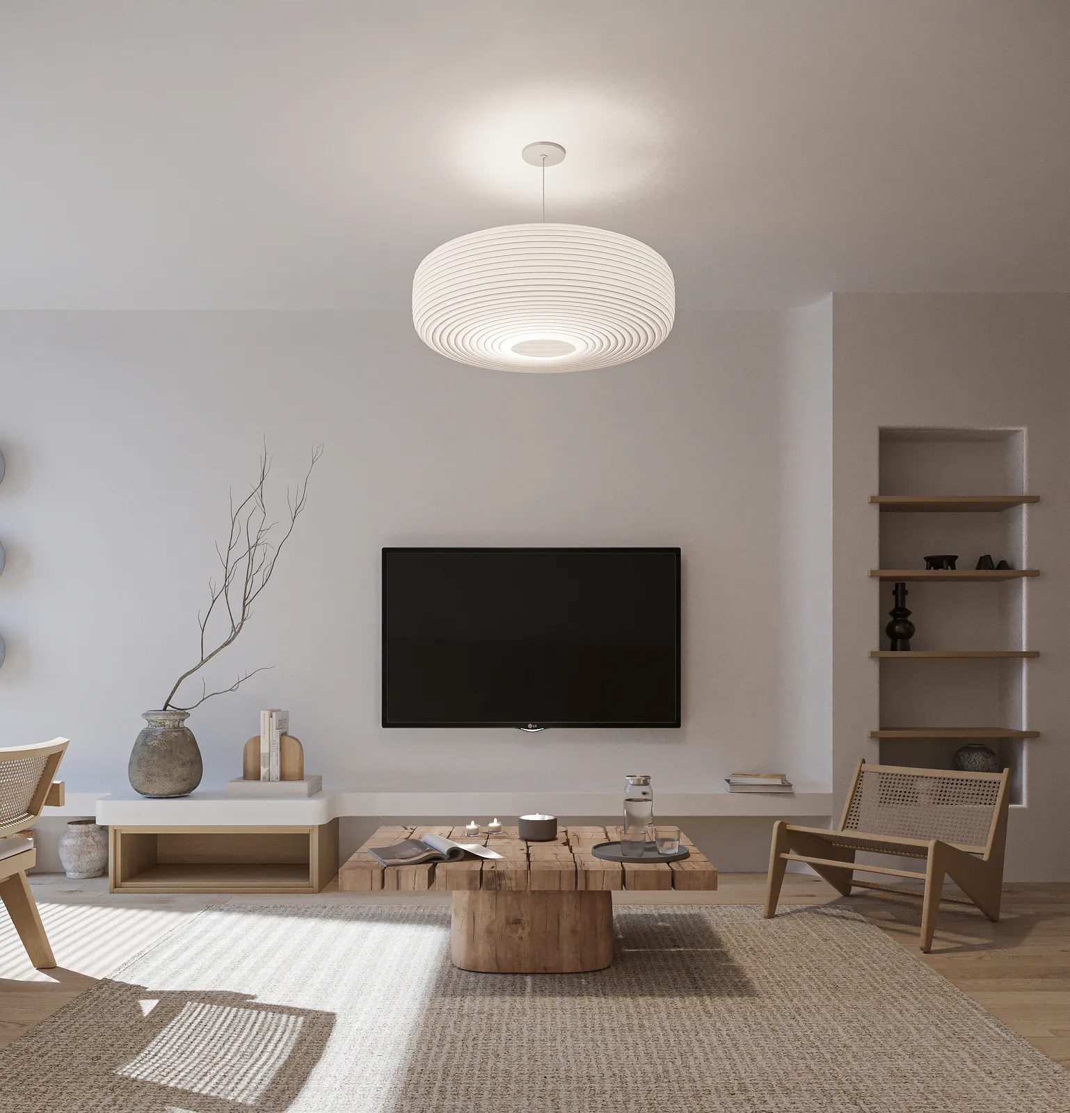 Randare interior, living cu fotolii din ratan și lemn deschis
