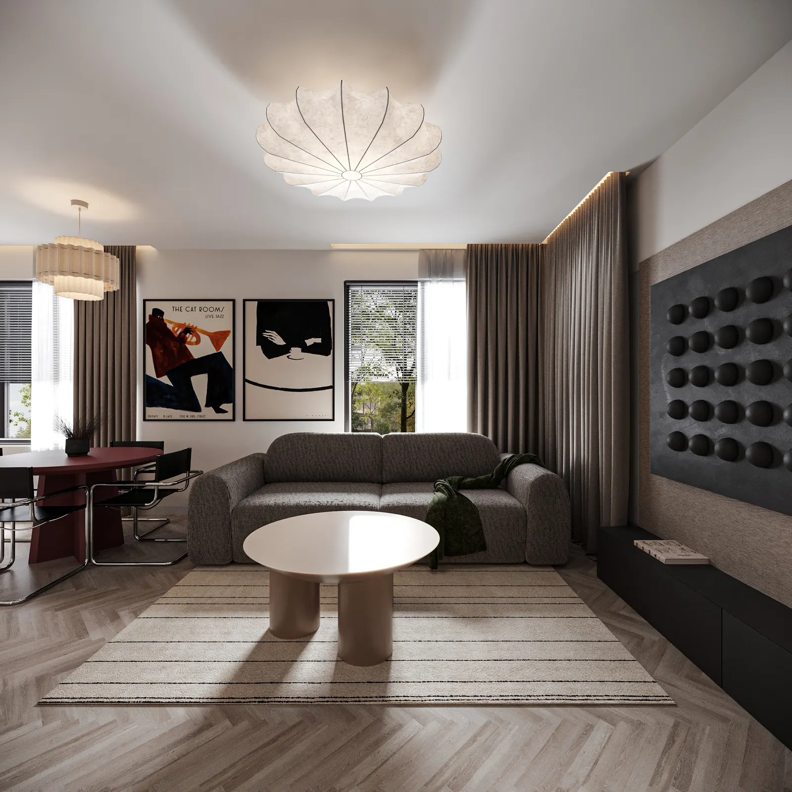 Randare interior, living cu canapea gri și masă rotundă albă