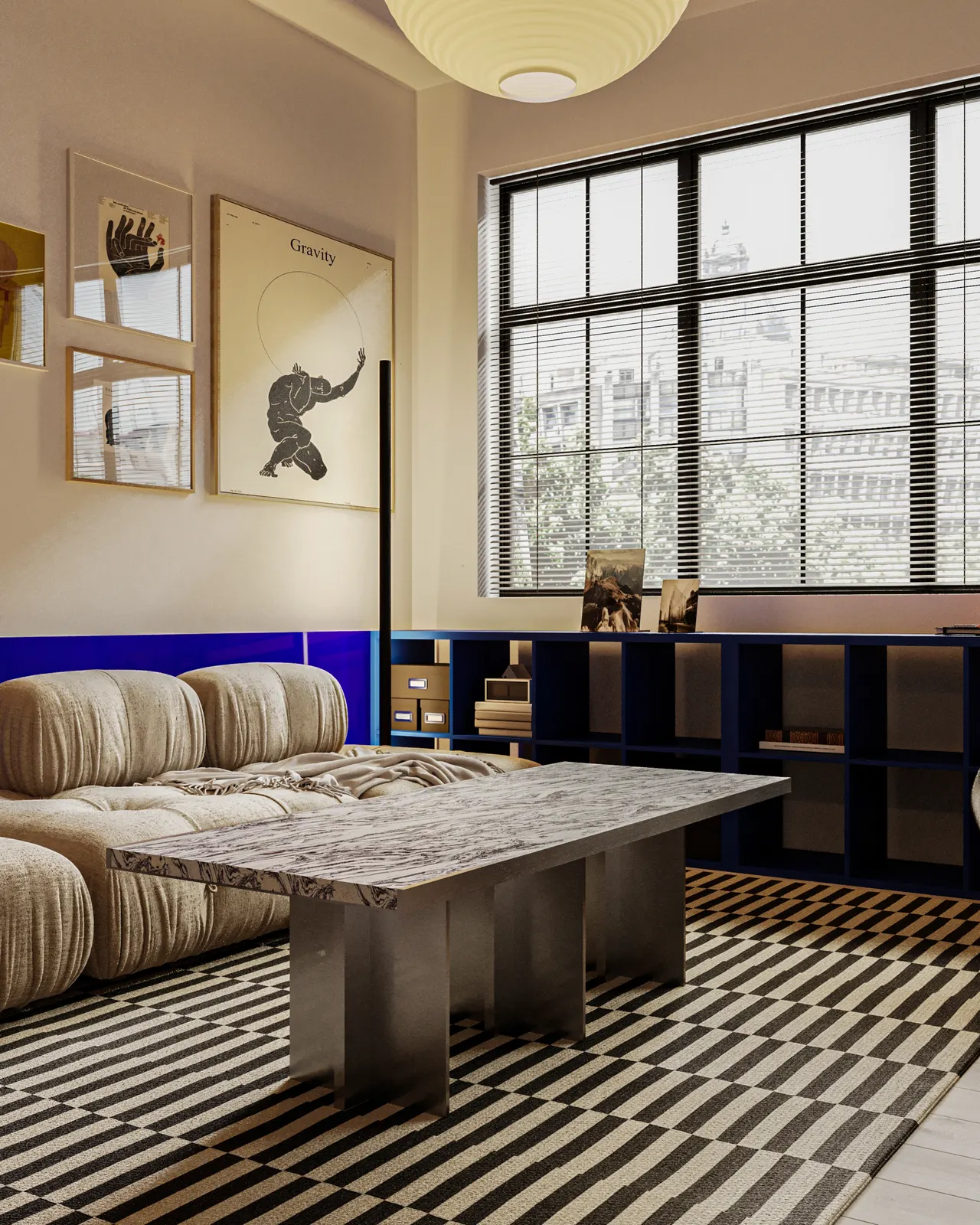 Randare interior, loft cu afișe și canapea sub fereastră