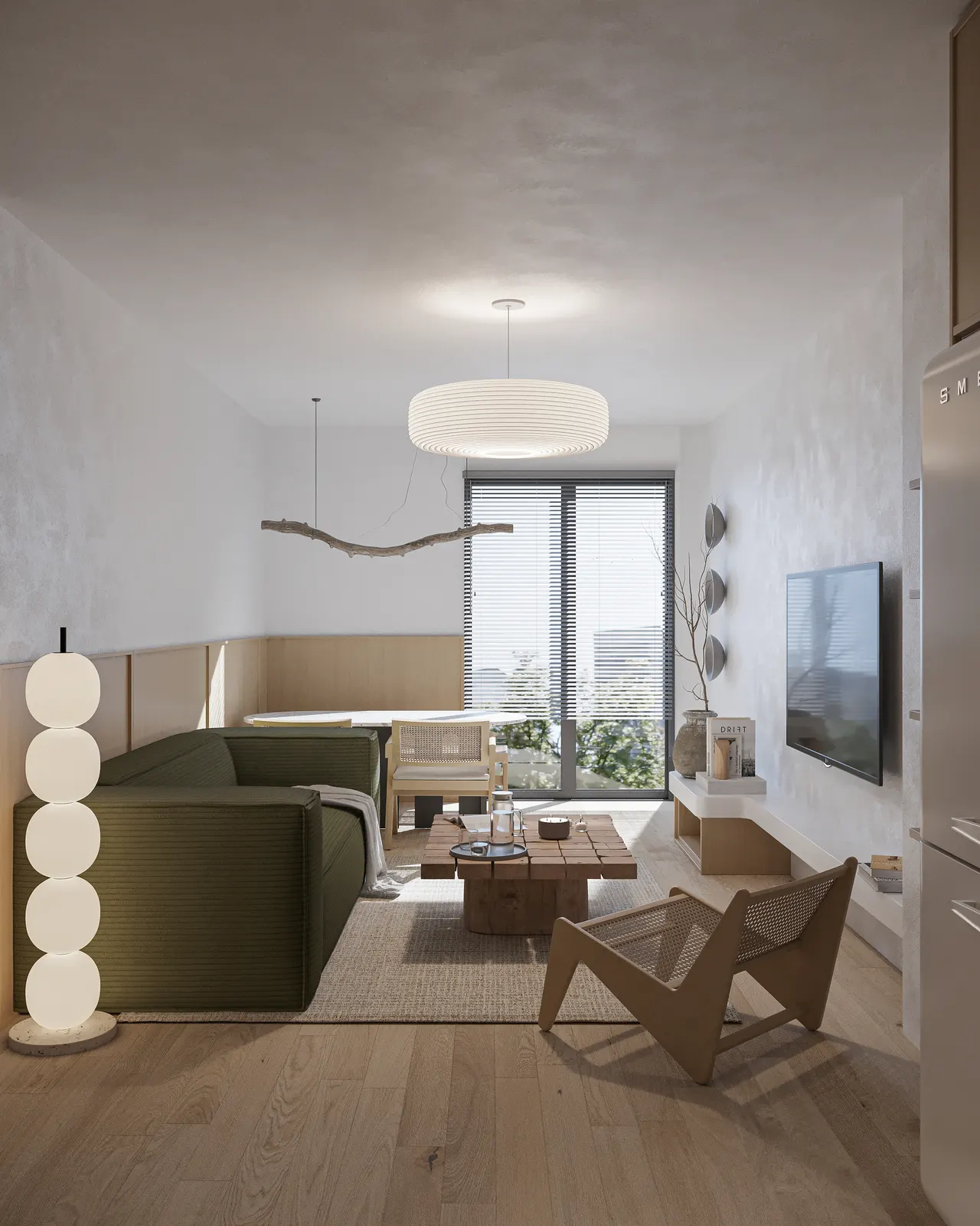 Randare interior, living cu canapea verde și lampă sculpturală