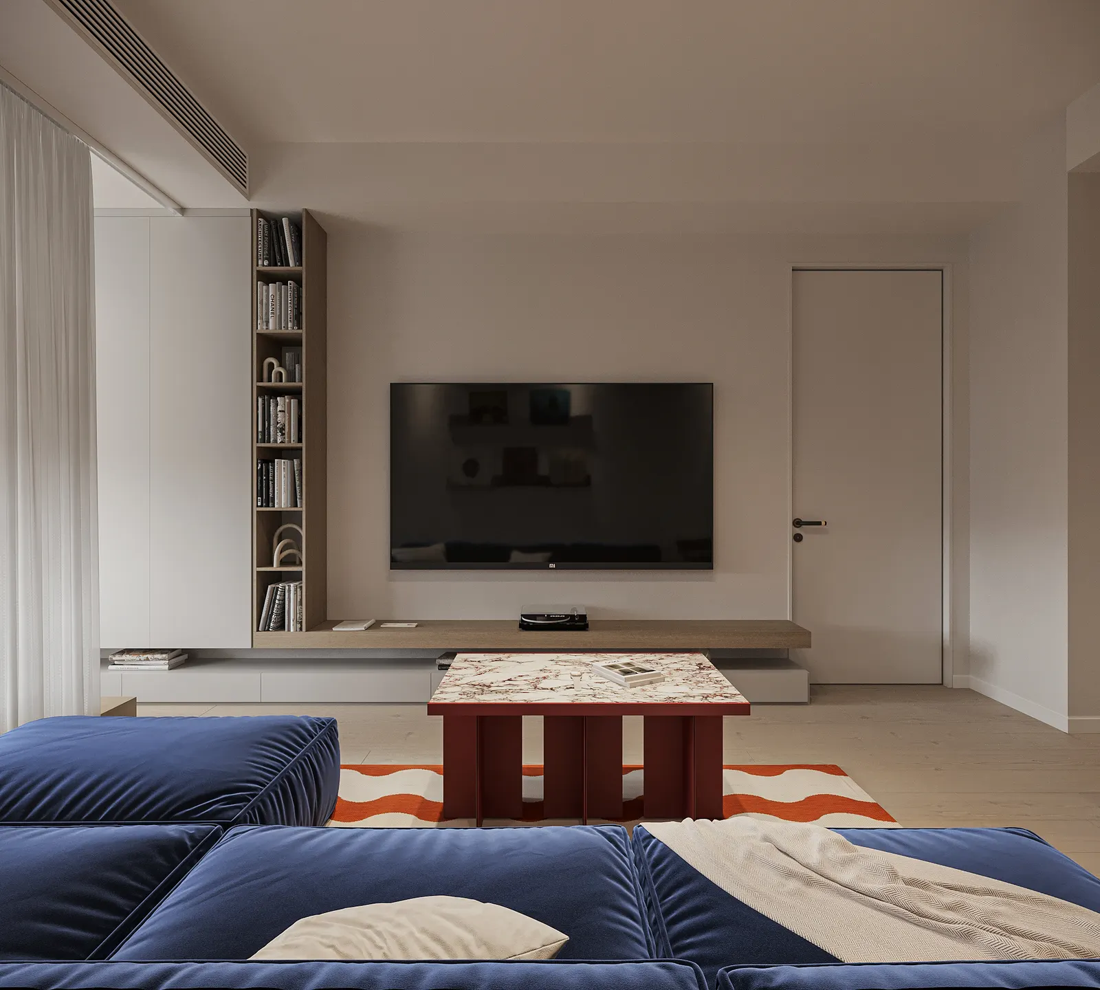Randare interior, living cu canapea albastră și perete TV